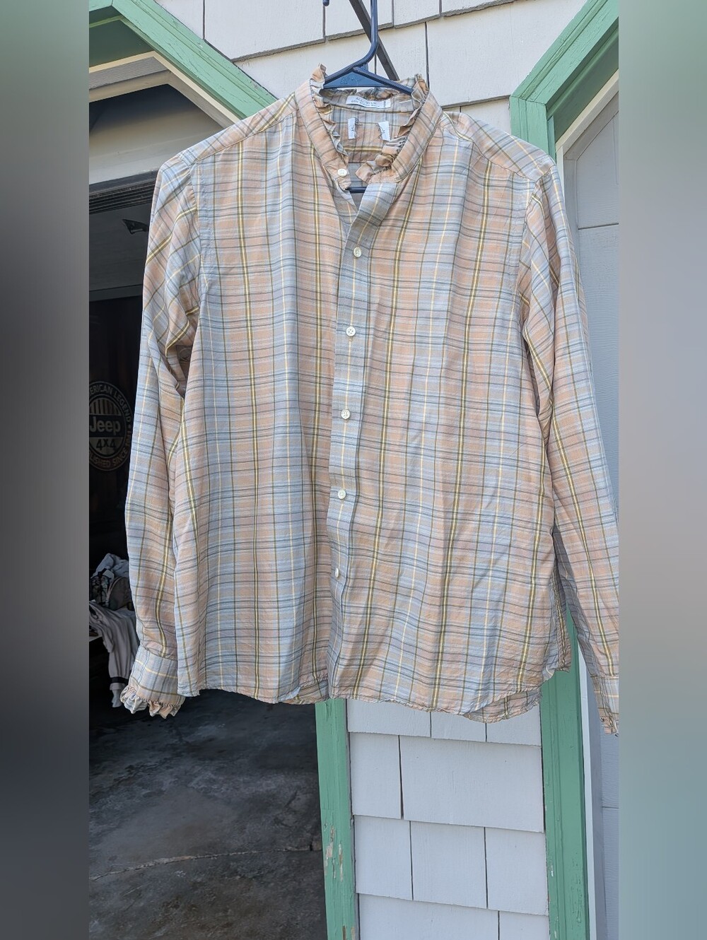 Vintage 100% Silk Plaid Blouse Ruffle Collar Pastel Long Sleeve